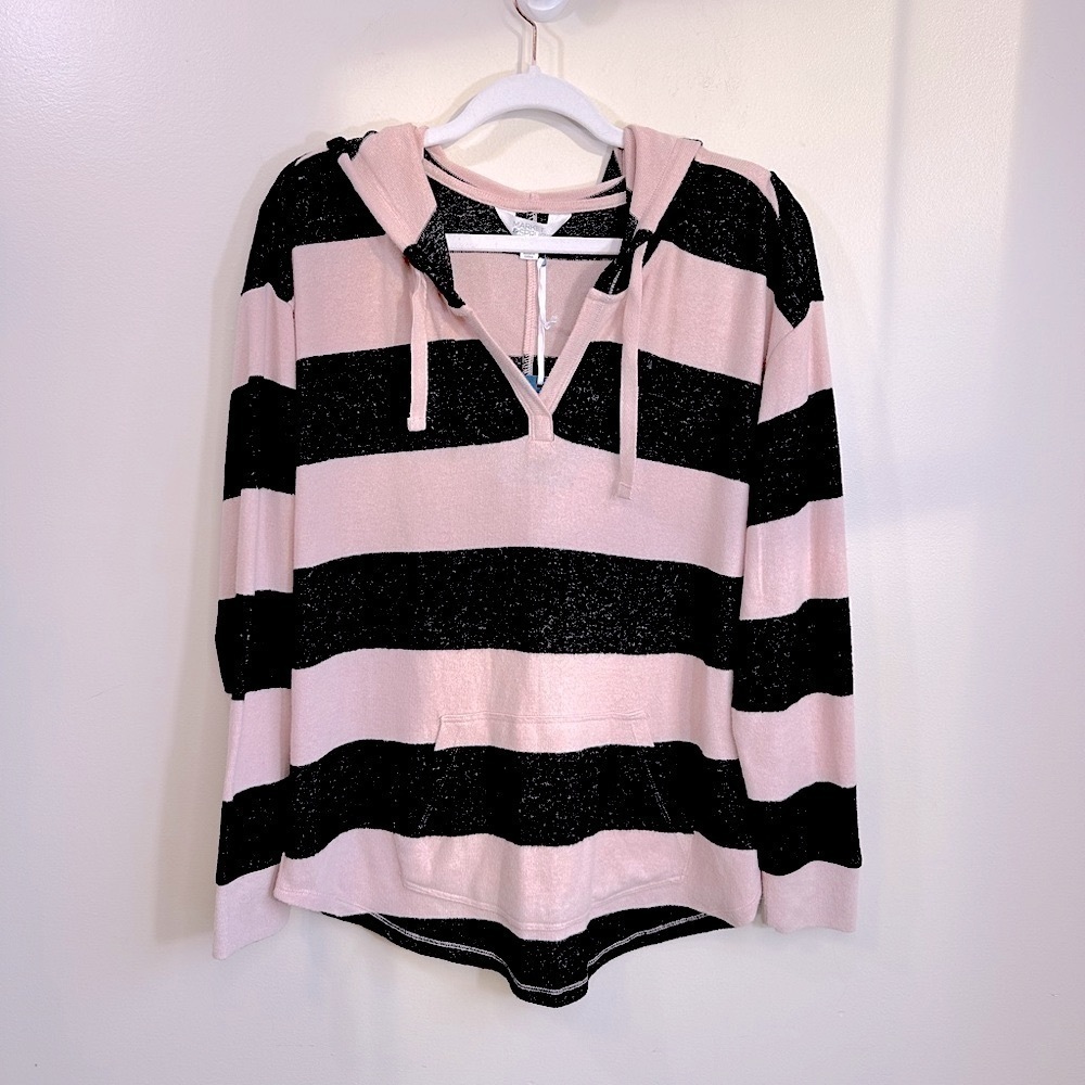 NWT Market & Spruce Brushed Knit Light Pink and Black Striped Hoodie Size Large - Picture 2 of 11